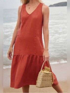 Garnet Hill Rust Flax Linen Drop Waist Sleeveless Sundress Medium
